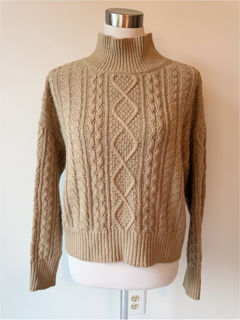 Banana Republic Tan Cable Knit Mock Turtleneck Fisherman Sweater, size Medium - Picture 12 of 16